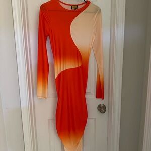 Elegant Orange and Cream Long Sleeve Dress
